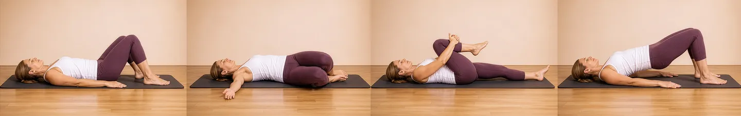 A sequence of TRE preparation exercises on a mat
